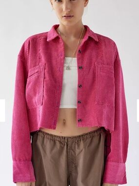 BDG Cropped Corduroy Shirt Jacket in Bright Pink, Size M